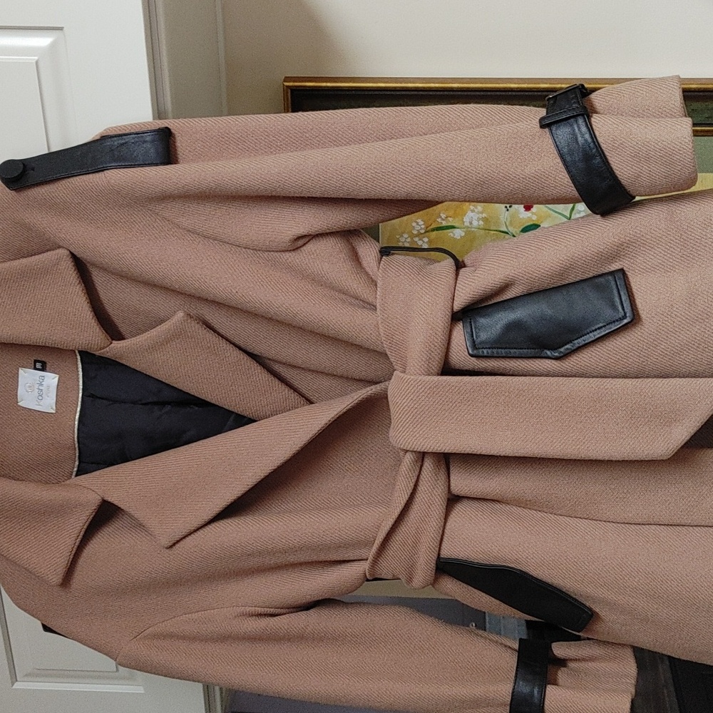 Koshka Mashka Tan Wool Coat Brown Leather Trim Size 38